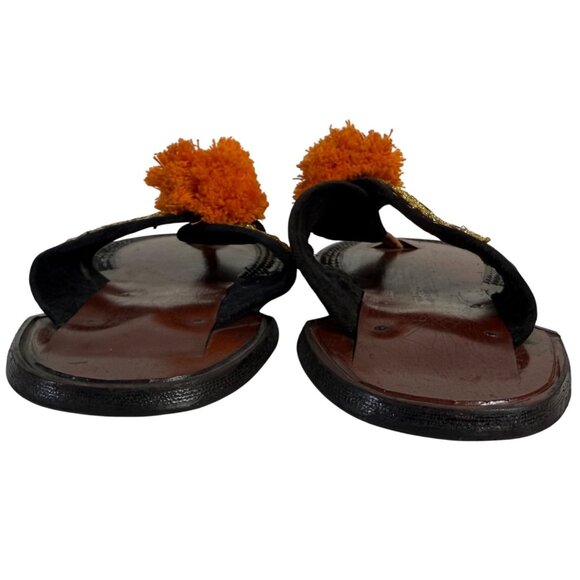Traditional Ethnic Ahenema Sandals Size 8 Leather Slippers Orange Pom Ghanaian - Picture 4 of 16